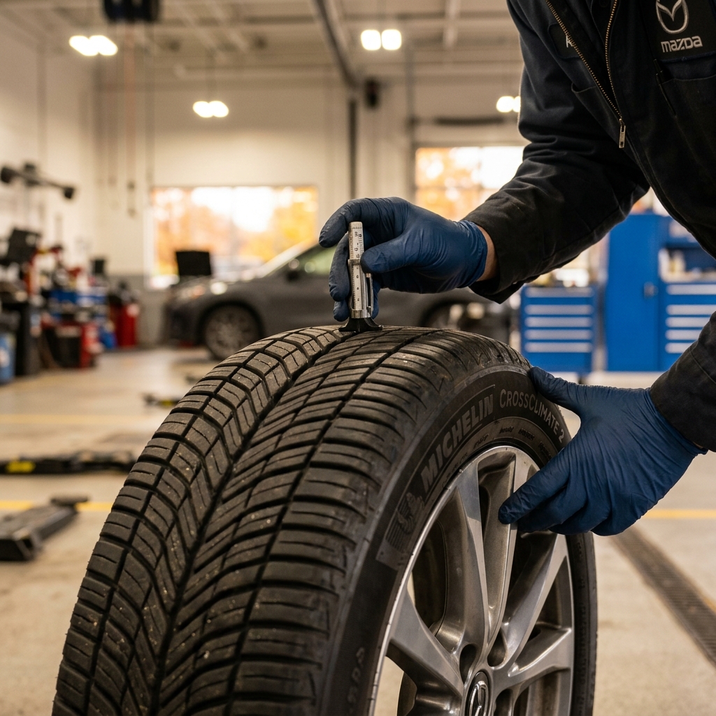 A mechanic wearing blue gloves uses a gauge to measure tread depth on a car tire in an auto repair shop. (Representative image for illustration purposes only. Actual vehicle may vary based on trim and configuration.)
