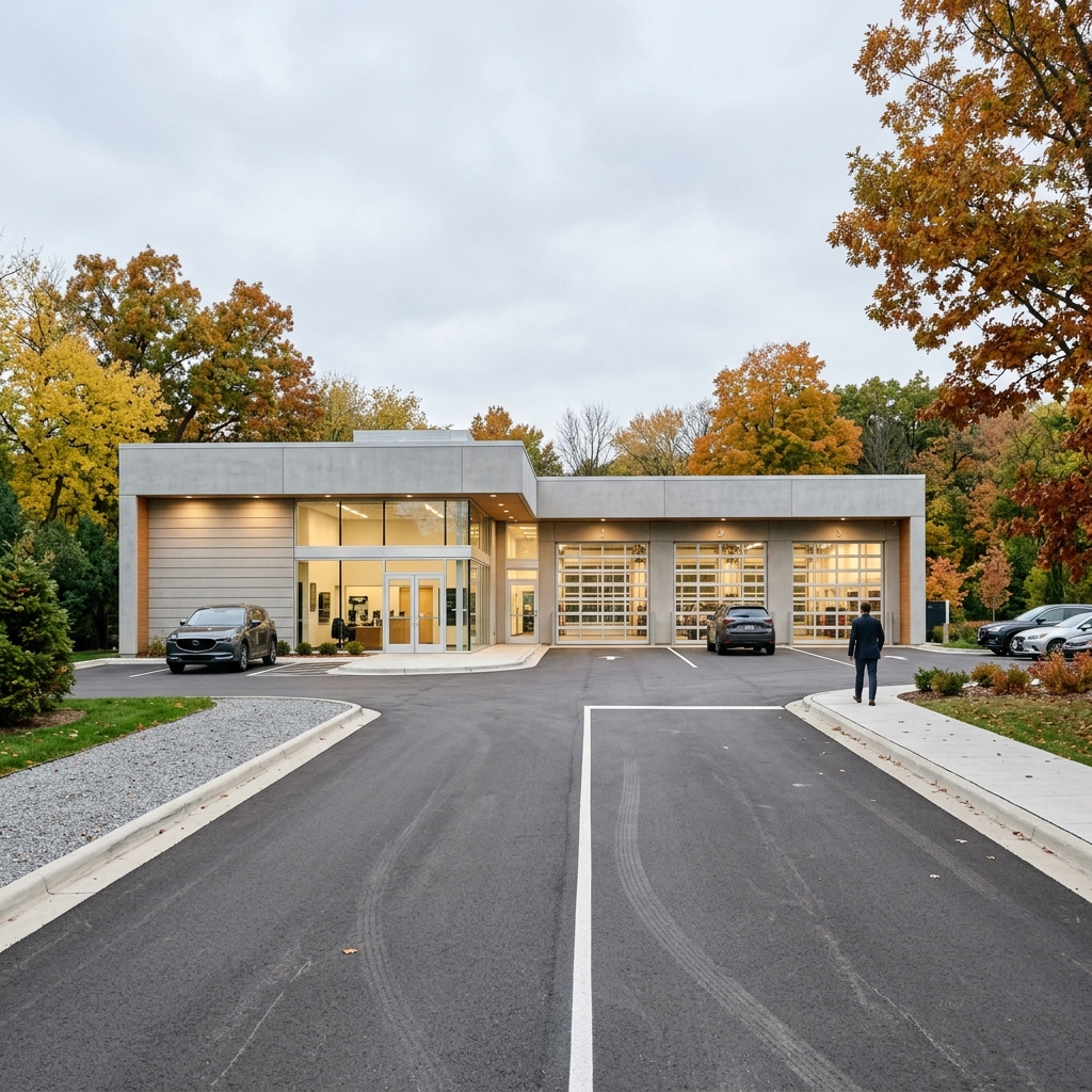 Exterior view of a modern automotive service center with glass garage doors surrounded by autumn foliage. (Representative image for illustration purposes only. Actual vehicle may vary based on trim and configuration.)