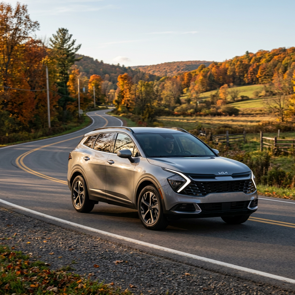 Silver Kia Sportage driving on a winding road through a colorful autumn forest landscape. (Representative image for illustration purposes only. Actual vehicle may vary based on trim and configuration.)