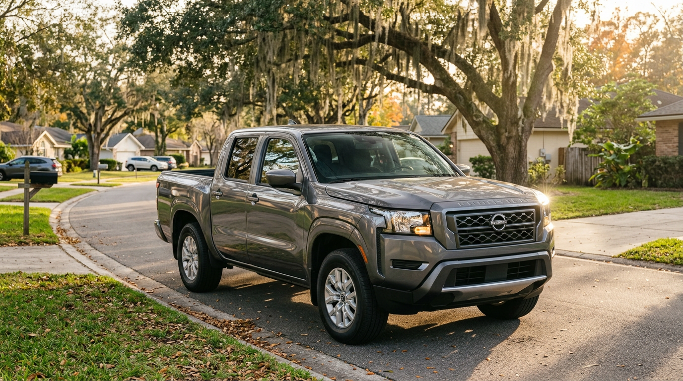 Metallic grey Nissan Frontier pickup truck parked along a suburban residential street under oak trees in golden light. (Representative image for illustration purposes only. Actual vehicle may vary based on trim and configuration.)