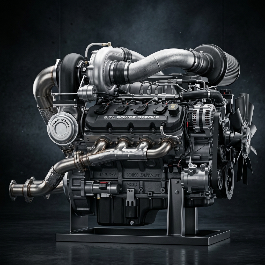 Detailed studio shot of a Ford 6.7L Power Stroke High Output V8 diesel engine on a metal display stand. (Representative image for illustration purposes only. Actual vehicle may vary based on trim and configuration.)