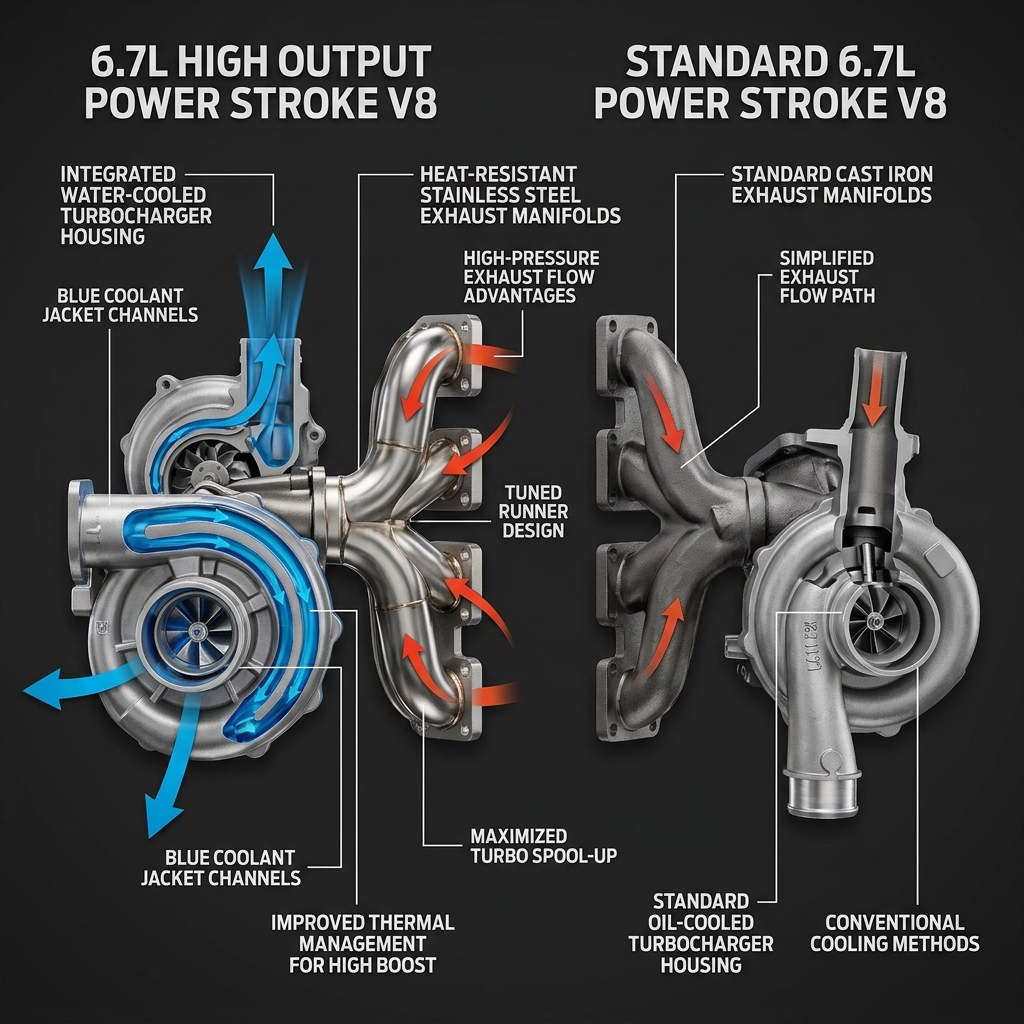 Comparison diagram of 6.7L High Output and Standard Power Stroke V8 turbocharger and exhaust manifold designs. (Representative image for illustration purposes only. Actual vehicle may vary based on trim and configuration.)