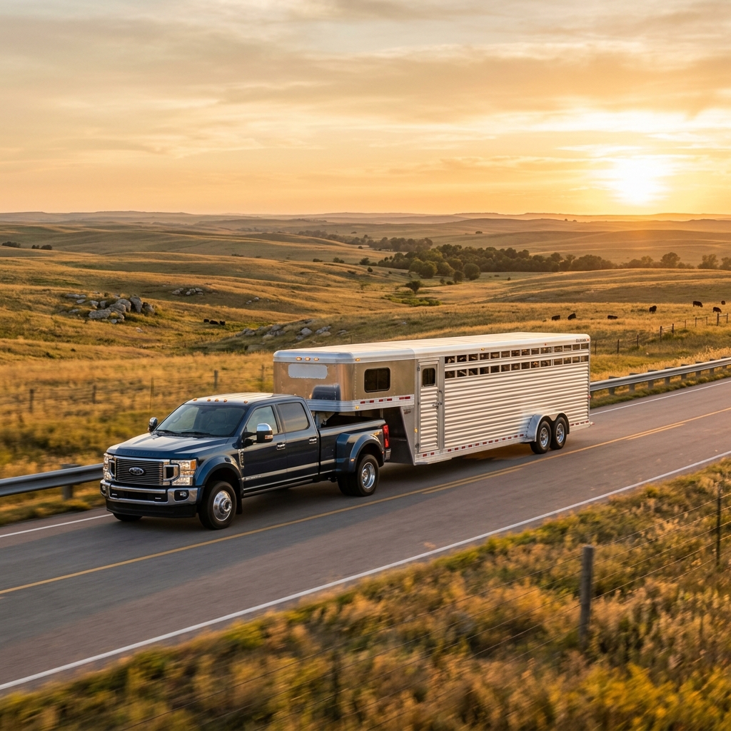 Dark blue dually pickup truck towing a long silver gooseneck livestock trailer along a rural highway at sunset. (Representative image for illustration purposes only. Actual vehicle may vary based on trim and configuration.)