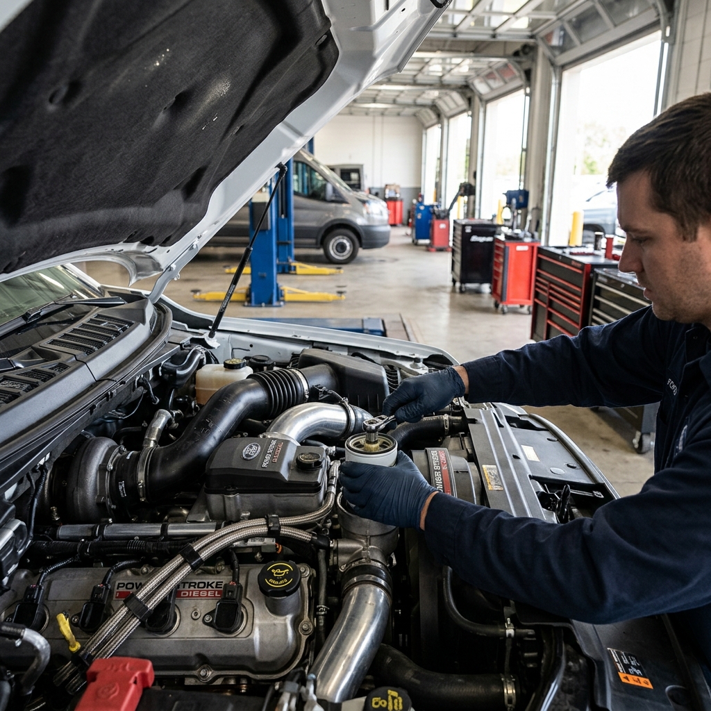 Auto mechanic wearing blue gloves uses a socket wrench to service a Ford Power Stroke diesel engine in a shop. (Representative image for illustration purposes only. Actual vehicle may vary based on trim and configuration.)