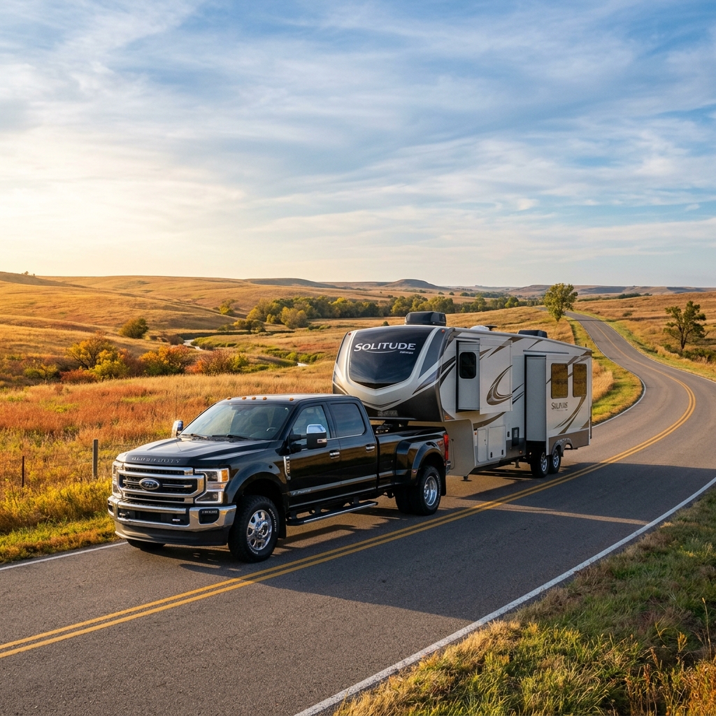 Black Ford Super Duty dually truck towing a Solitude fifth-wheel camper down a winding road through grassy hills. (Representative image for illustration purposes only. Actual vehicle may vary based on trim and configuration.)