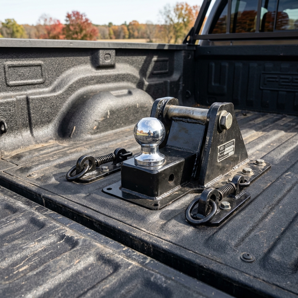 Heavy-duty gooseneck hitch adapter with chrome ball mounted in a black pickup truck bed. (Representative image for illustration purposes only. Actual vehicle may vary based on trim and configuration.)