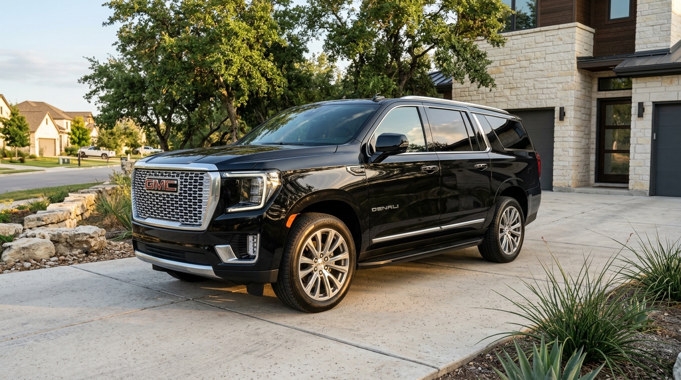 Black GMC Yukon Denali SUV parked on a concrete driveway in front of a modern stone house. (Representative image for illustration purposes only. Actual vehicle may vary based on trim and configuration.)