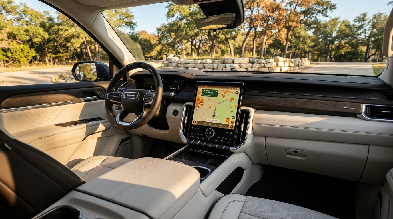 Luxury SUV interior with cream leather seats, wood dash trim, and a large vertical touchscreen navigation display. (Representative image for illustration purposes only. Actual vehicle may vary based on trim and configuration.)