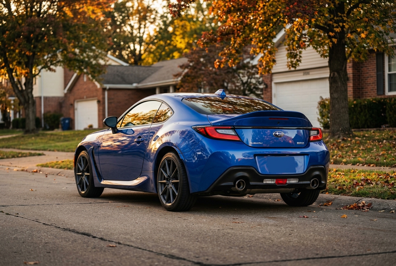 Rear three-quarter view of a blue Subaru BRZ parked on a residential suburban street during autumn. (Representative image for illustration purposes only. Actual vehicle may vary based on trim and configuration.)