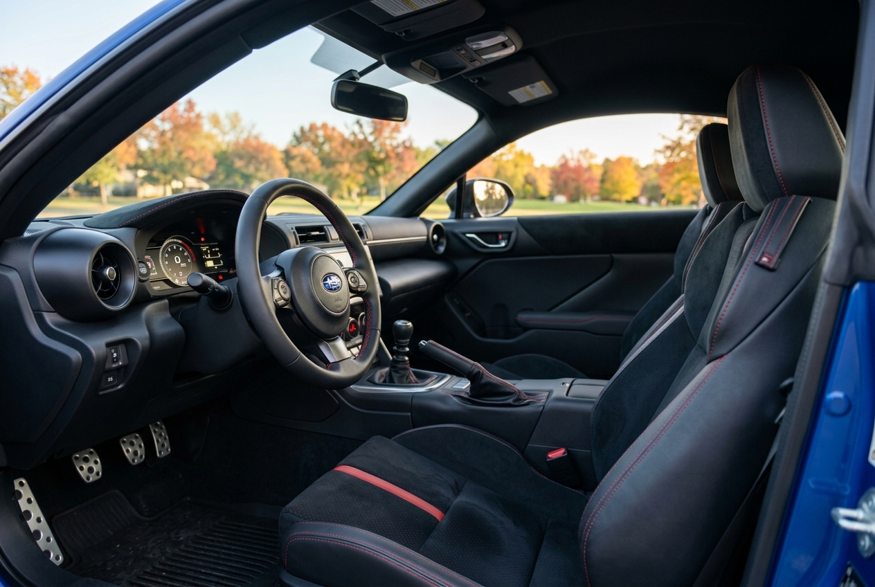 Interior view of a Subaru sports car featuring black suede seats with red stitching, steering wheel, and manual shifter. (Representative image for illustration purposes only. Actual vehicle may vary based on trim and configuration.)