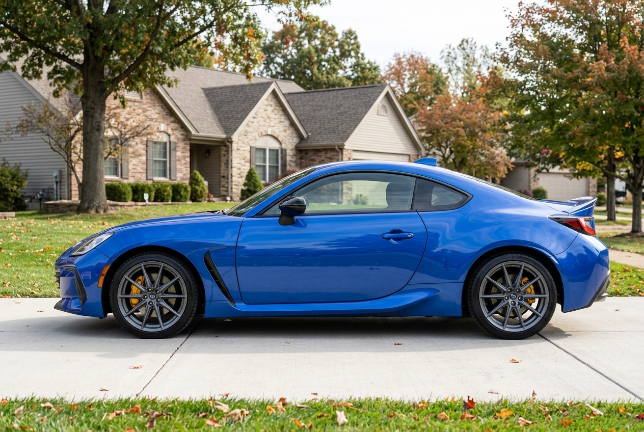 Side view of a bright blue Subaru BRZ sports car parked on a suburban driveway with autumn trees in the background. (Representative image for illustration purposes only. Actual vehicle may vary based on trim and configuration.)