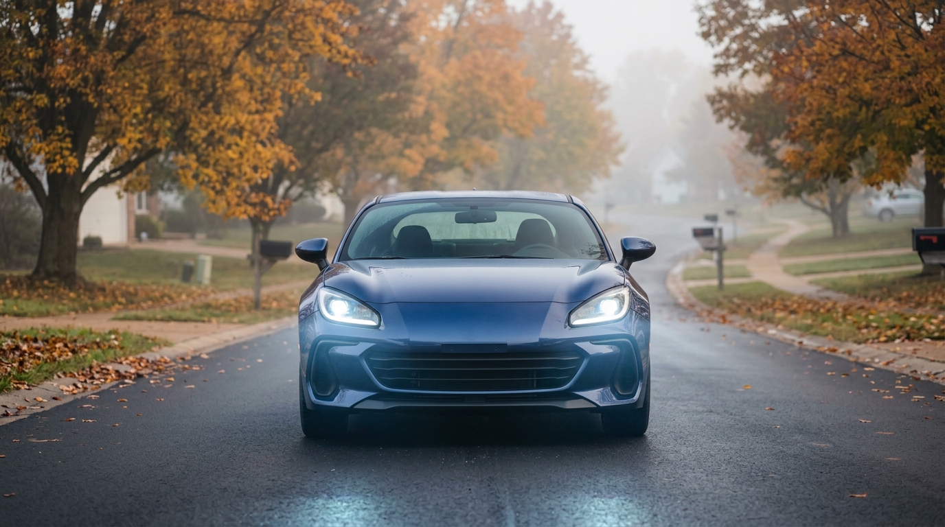 Front view of a blue sports car parked on a suburban street surrounded by autumn trees on a foggy day. (Representative image for illustration purposes only. Actual vehicle may vary based on trim and configuration.)