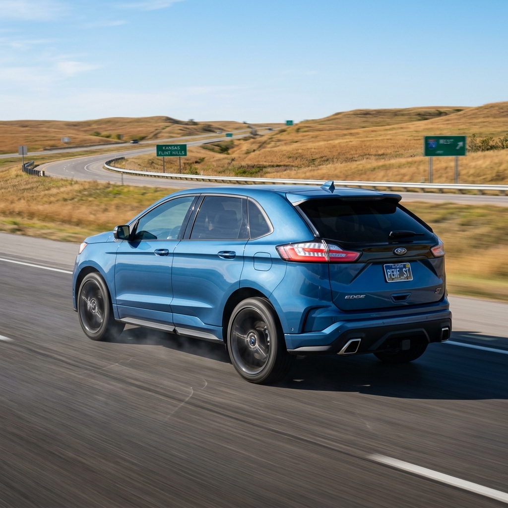 Metallic blue Ford Edge ST SUV driving down a highway through the rolling landscape of the Kansas Flint Hills. (Representative image for illustration purposes only. Actual vehicle may vary based on trim and configuration.)