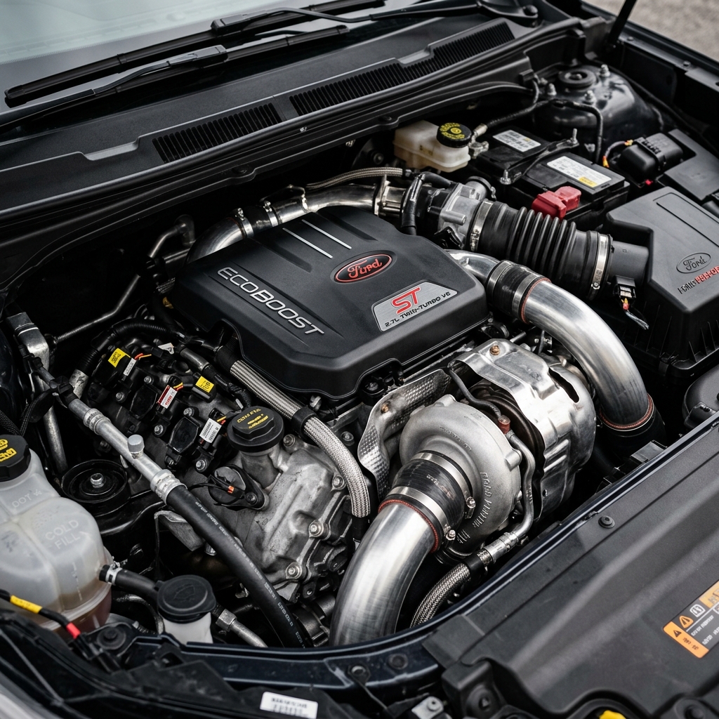 Clean 2.7L Twin-Turbo V6 Ford EcoBoost ST engine bay featuring custom polished aluminum intake piping. (Representative image for illustration purposes only. Actual vehicle may vary based on trim and configuration.)