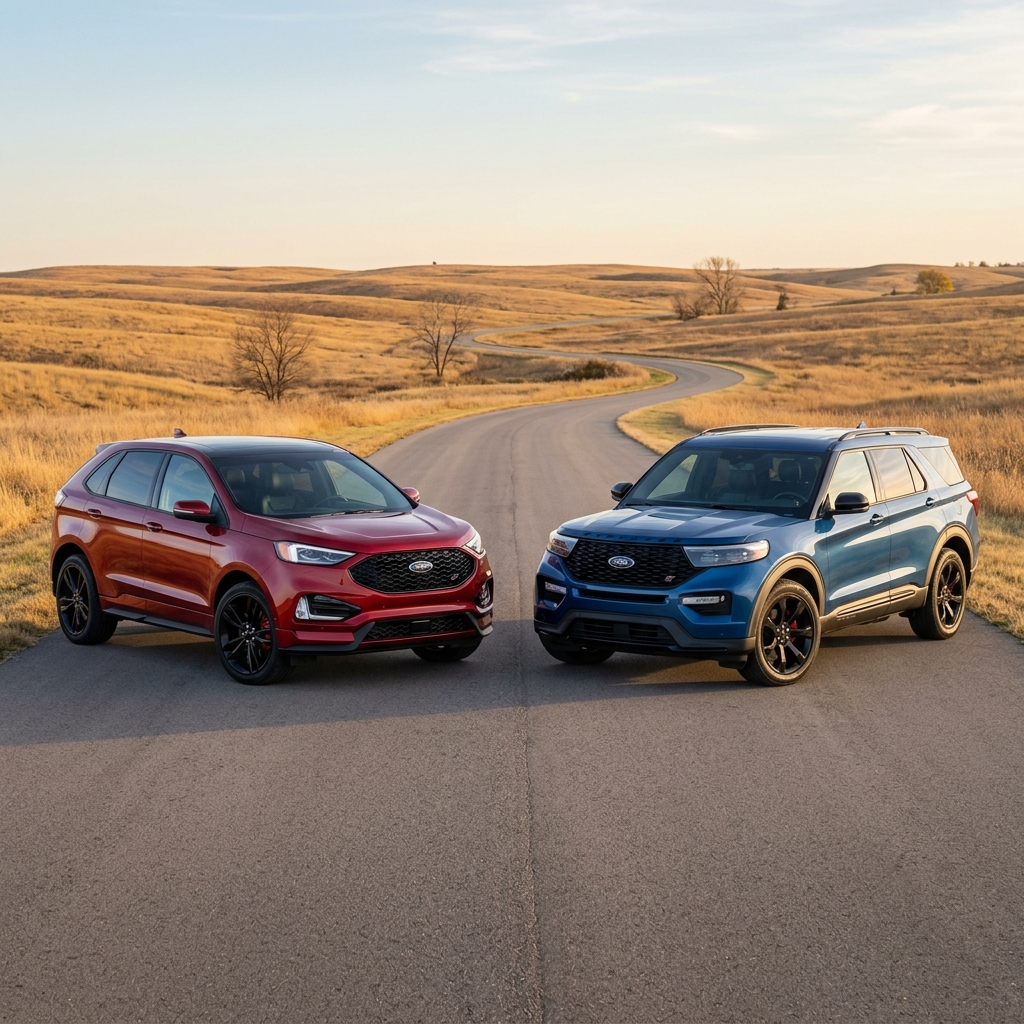 Red Ford Edge ST and blue Ford Explorer ST parked side-by-side on a winding country road through golden hills. (Representative image for illustration purposes only. Actual vehicle may vary based on trim and configuration.)