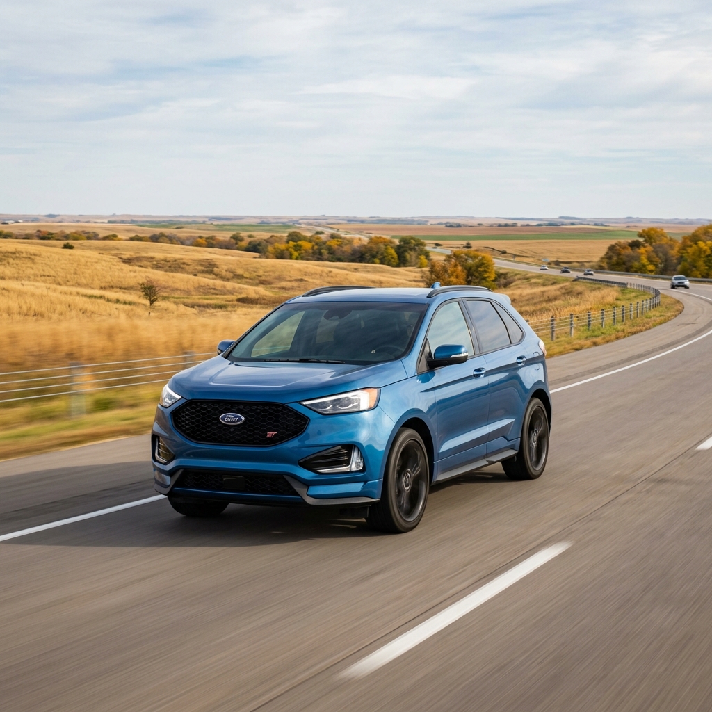 A blue Ford Edge ST SUV driving along a winding highway through open countryside fields. (Representative image for illustration purposes only. Actual vehicle may vary based on trim and configuration.)