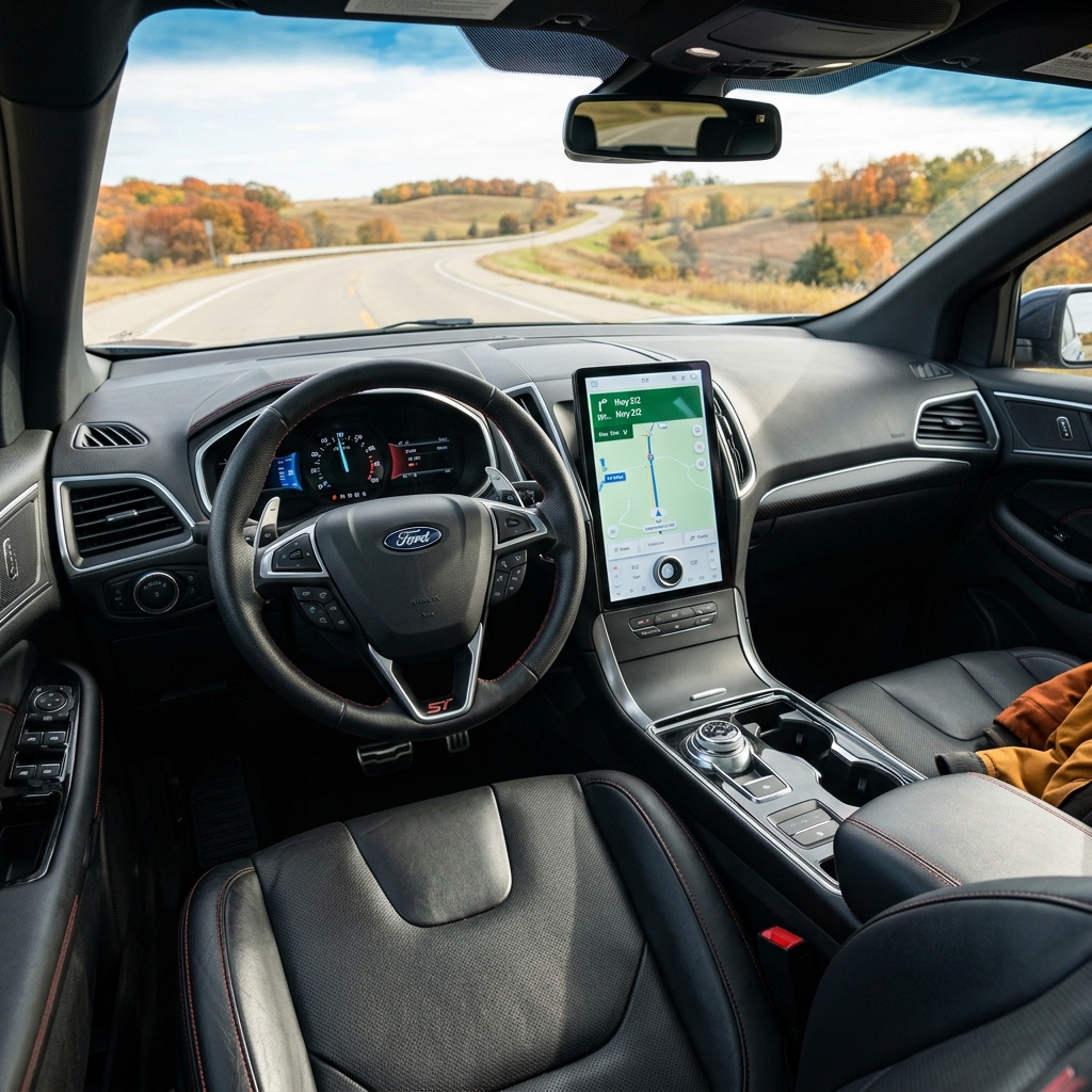 Driver's perspective inside a Ford ST navigating a winding scenic road surrounded by autumn trees. (Representative image for illustration purposes only. Actual vehicle may vary based on trim and configuration.)