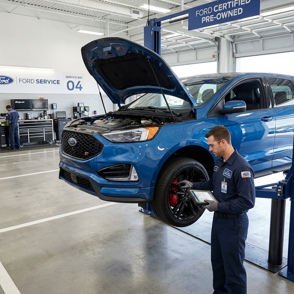 Ford service technician holding a tablet while inspecting a blue SUV raised on a hydraulic lift in a service bay. (Representative image for illustration purposes only. Actual vehicle may vary based on trim and configuration.)