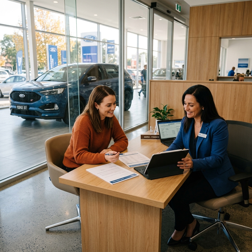 A woman in an orange sweater discusses car finance options with a dealership representative sitting at a wooden desk. (Representative image for illustration purposes only. Actual vehicle may vary based on trim and configuration.)