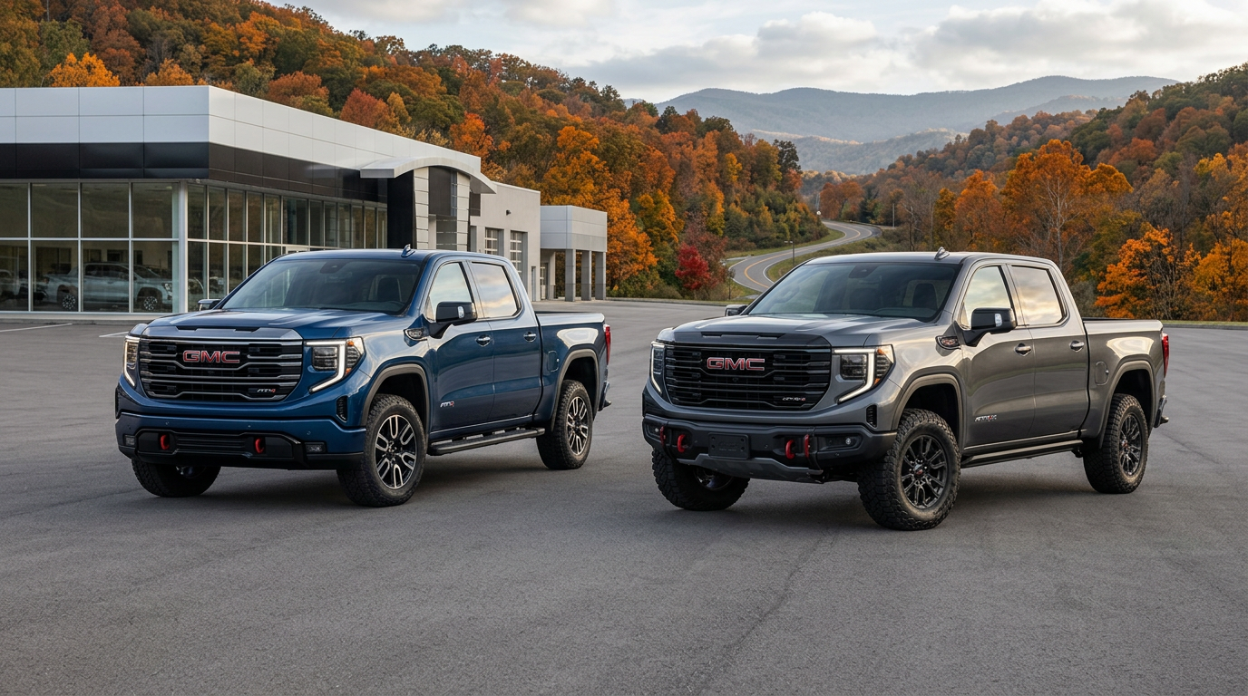 Two GMC Sierra AT4 pickup trucks in blue and grey parked outdoors against a scenic backdrop of autumn trees. (Representative image for illustration purposes only. Actual vehicle may vary based on trim and configuration.)
