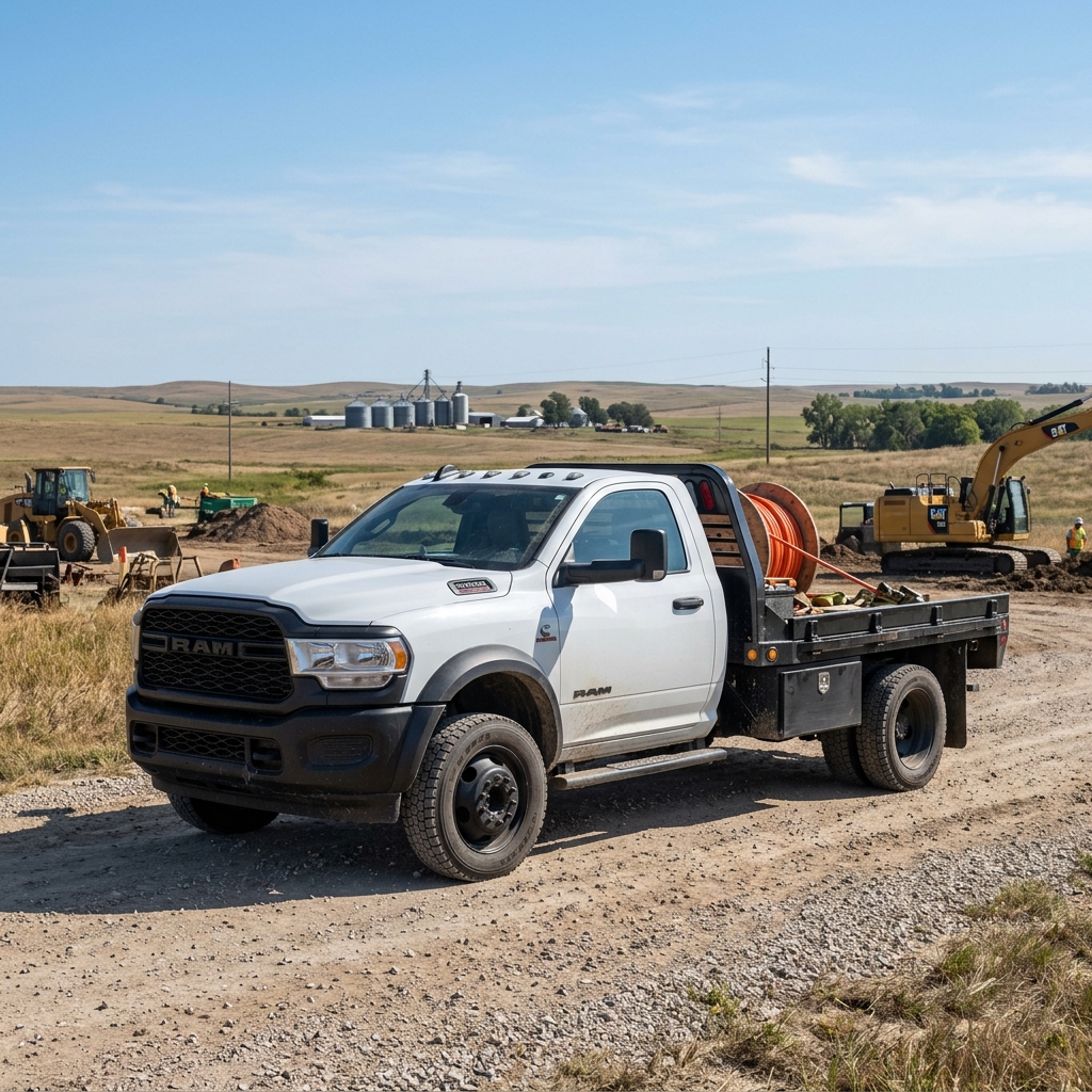 White RAM chassis cab flatbed truck parked on a gravel road at a rural utility construction site. (Representative image for illustration purposes only. Actual vehicle may vary based on trim and configuration.)