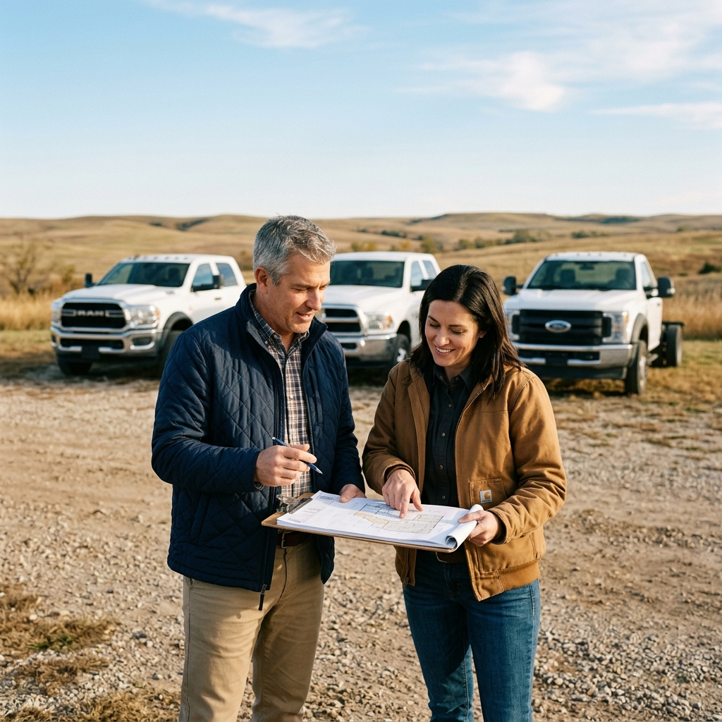 A man and woman review building blueprints on a clipboard with three white pickup trucks parked behind them. (Representative image for illustration purposes only. Actual vehicle may vary based on trim and configuration.)