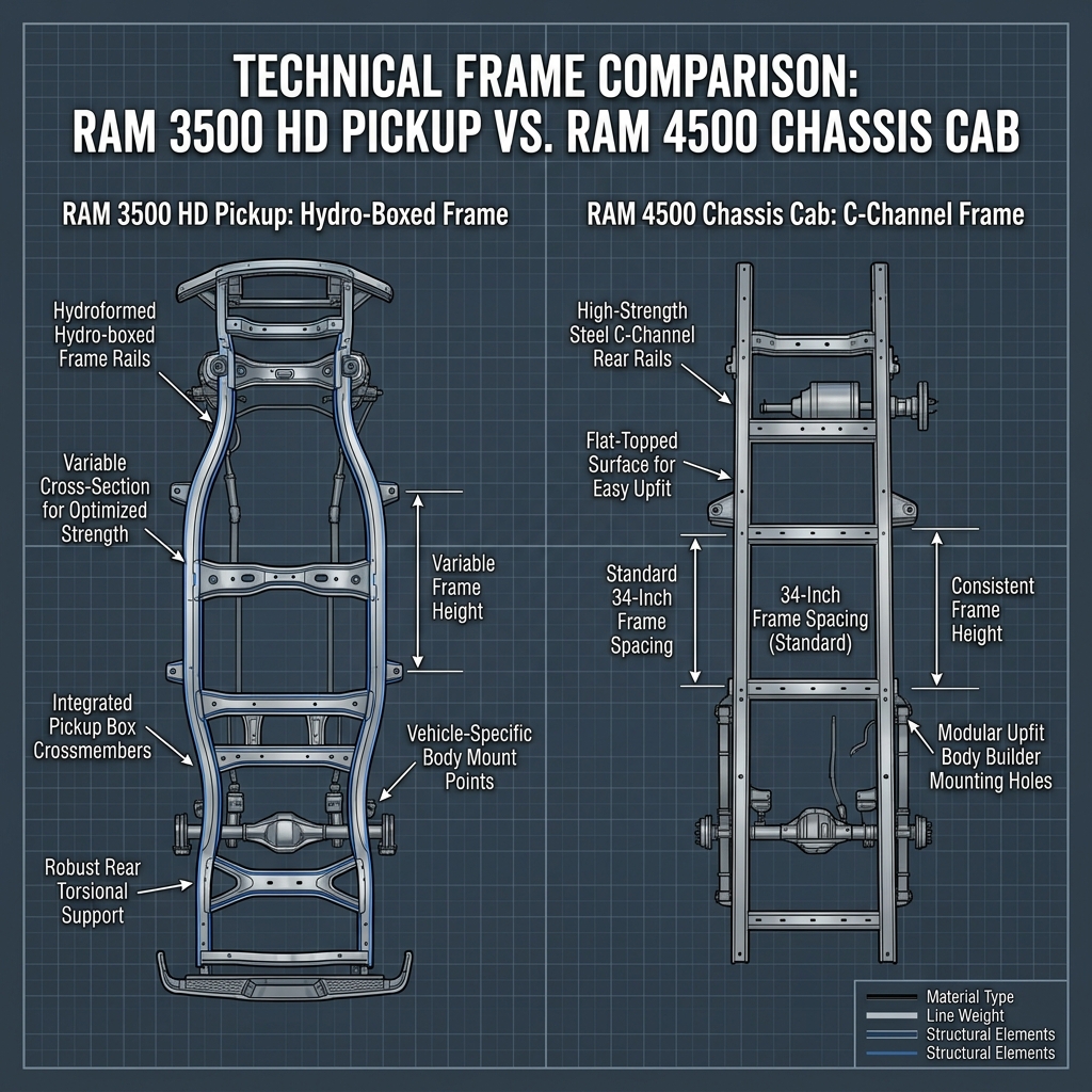 Technical diagram comparing the hydro-boxed frame of a RAM 3500 HD Pickup and C-channel frame of a RAM 4500 Chassis Cab. (Representative image for illustration purposes only. Actual vehicle may vary based on trim and configuration.)