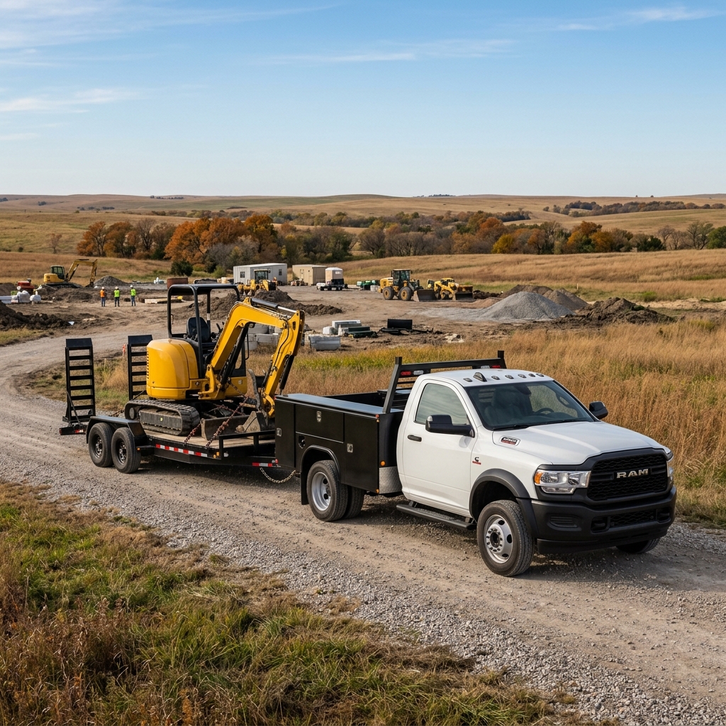 White Ram work truck with a utility bed towing a yellow mini excavator on a trailer at a rural construction site. (Representative image for illustration purposes only. Actual vehicle may vary based on trim and configuration.)