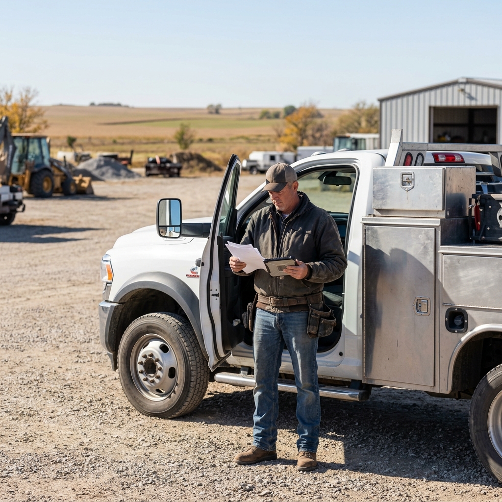 A man in work wear reviewing documents and holding a tablet while standing next to an open white utility truck. (Representative image for illustration purposes only. Actual vehicle may vary based on trim and configuration.)