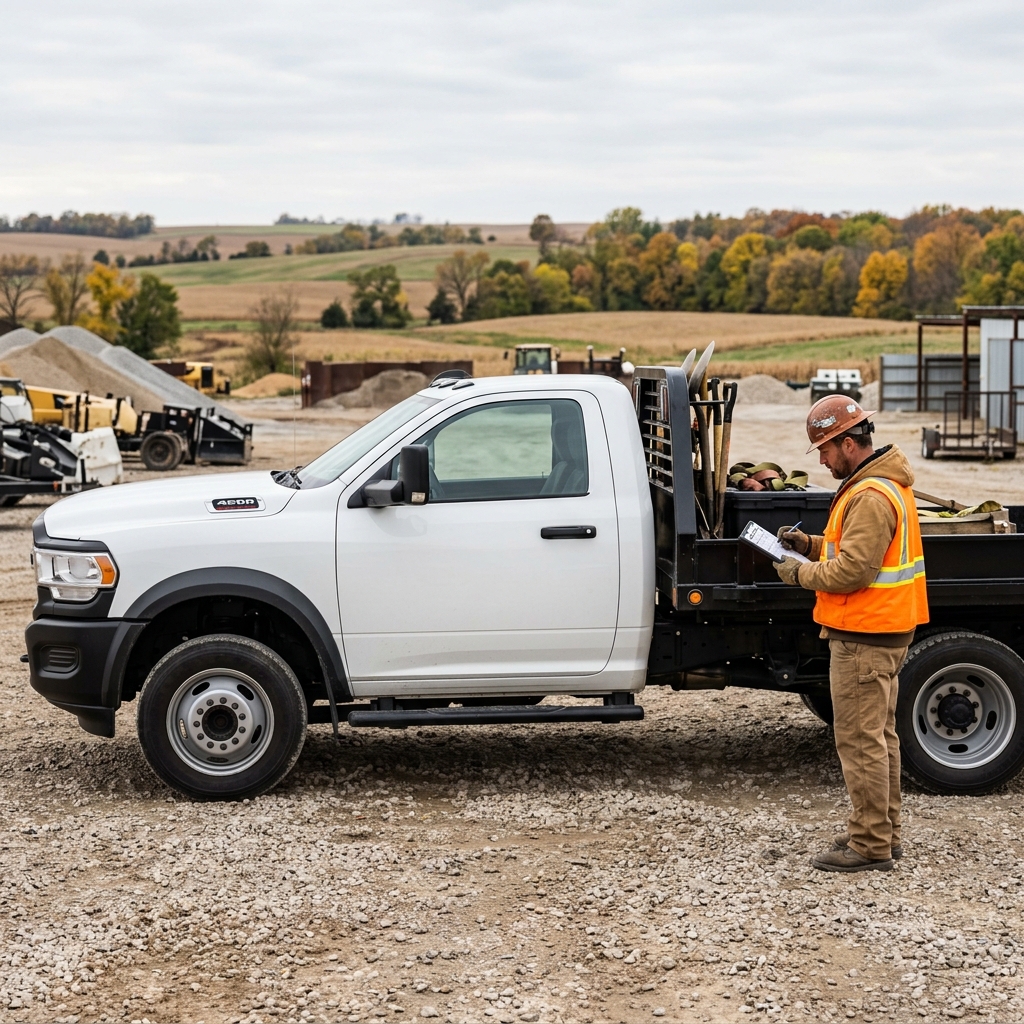 Worker in a high-visibility vest and hard hat filling out paperwork on a clipboard next to a white flatbed truck. (Representative image for illustration purposes only. Actual vehicle may vary based on trim and configuration.)