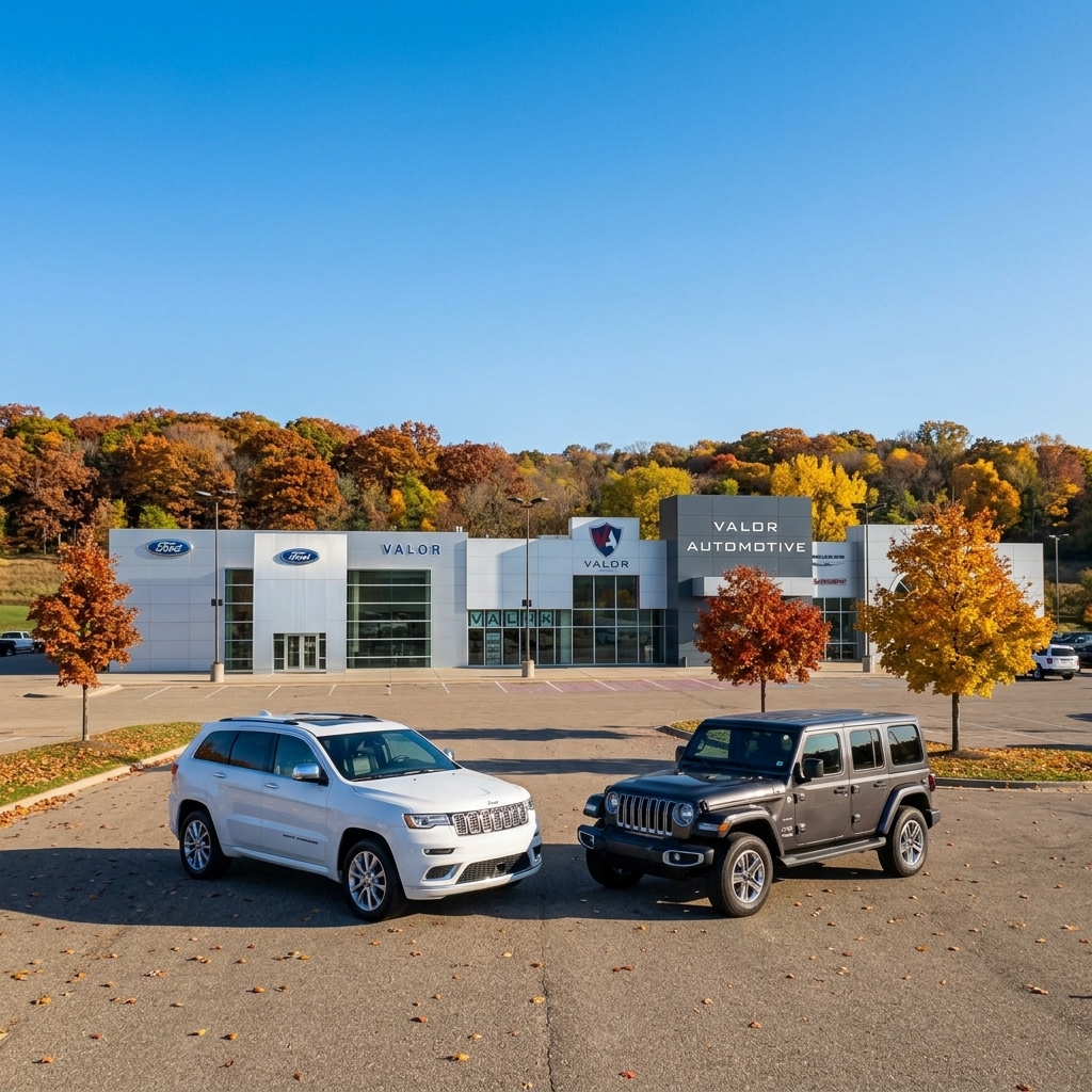 White Jeep Grand Cherokee and dark grey Jeep Wrangler parked outside Valor Automotive dealership during autumn. (Representative image for illustration purposes only. Actual vehicle may vary based on trim and configuration.)