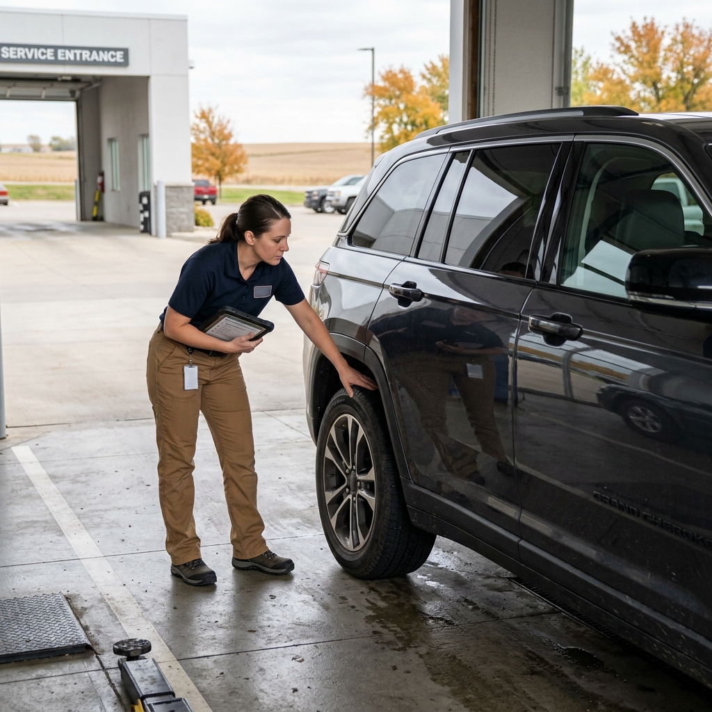 A female service advisor holding a tablet inspects the rear tire of a dark SUV at an auto dealership entrance. (Representative image for illustration purposes only. Actual vehicle may vary based on trim and configuration.)