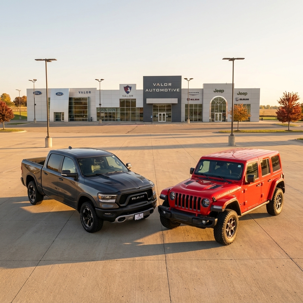 A dark gray RAM pickup truck and a bright red Jeep Wrangler parked outside a Valor Automotive dealership lot. (Representative image for illustration purposes only. Actual vehicle may vary based on trim and configuration.)