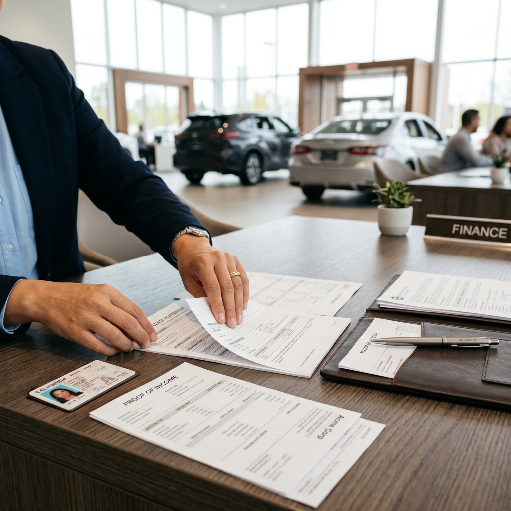 Auto dealership finance manager reviewing lease agreements, proof of income, and driver's license on a desk. (Representative image for illustration purposes only. Actual vehicle may vary based on trim and configuration.)
