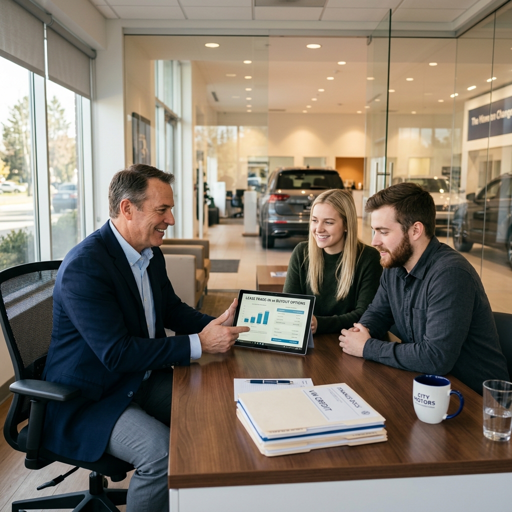 A car salesman presents lease trade-in options on a tablet screen to a young couple sitting at a desk in a showroom. (Representative image for illustration purposes only. Actual vehicle may vary based on trim and configuration.)