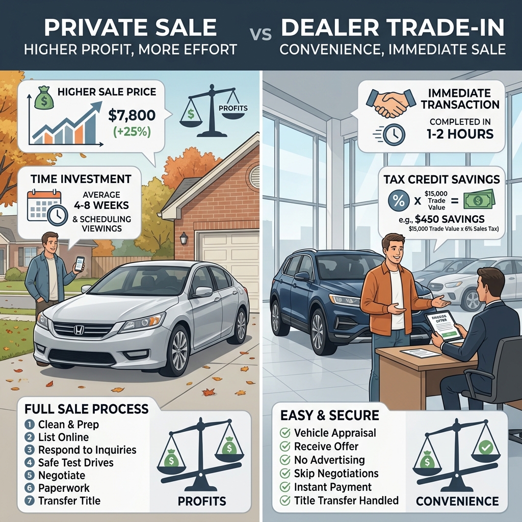 Infographic comparing private car sales and dealer trade-ins on effort, time, profit, and tax savings. (Representative image for illustration purposes only. Actual vehicle may vary based on trim and configuration.)