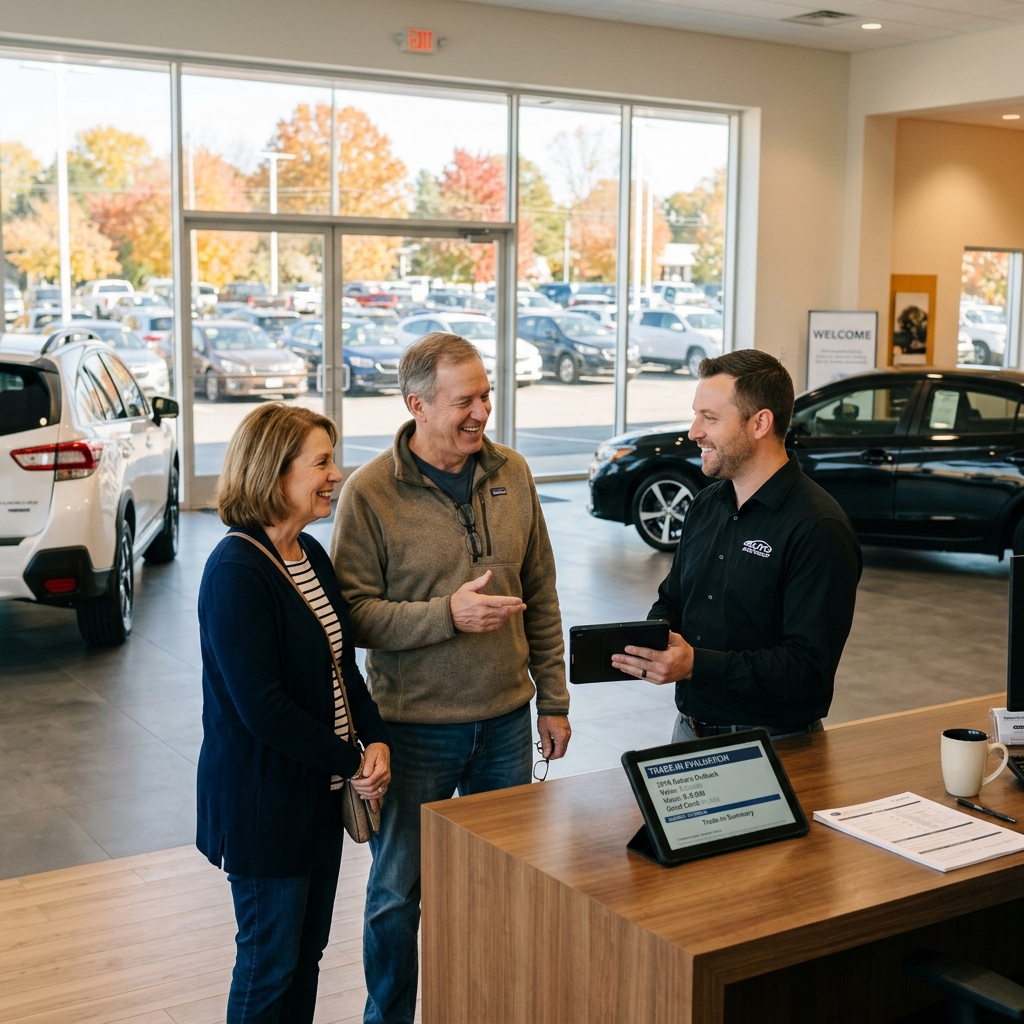 An older couple chatting with a smiling car salesman holding a digital tablet in a dealership showroom. (Representative image for illustration purposes only. Actual vehicle may vary based on trim and configuration.)