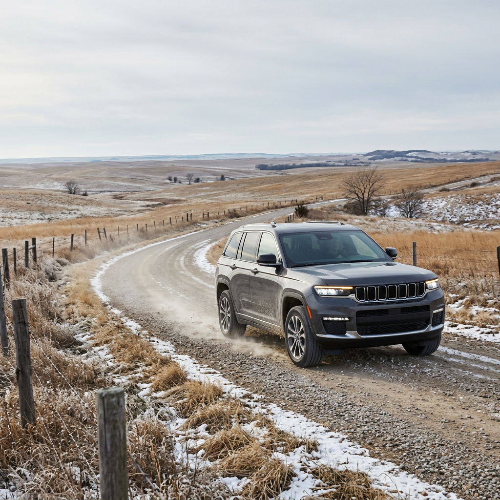 A dark grey Jeep SUV driving along a winding gravel road through a frosty countryside landscape. (Representative image for illustration purposes only. Actual vehicle may vary based on trim and configuration.)