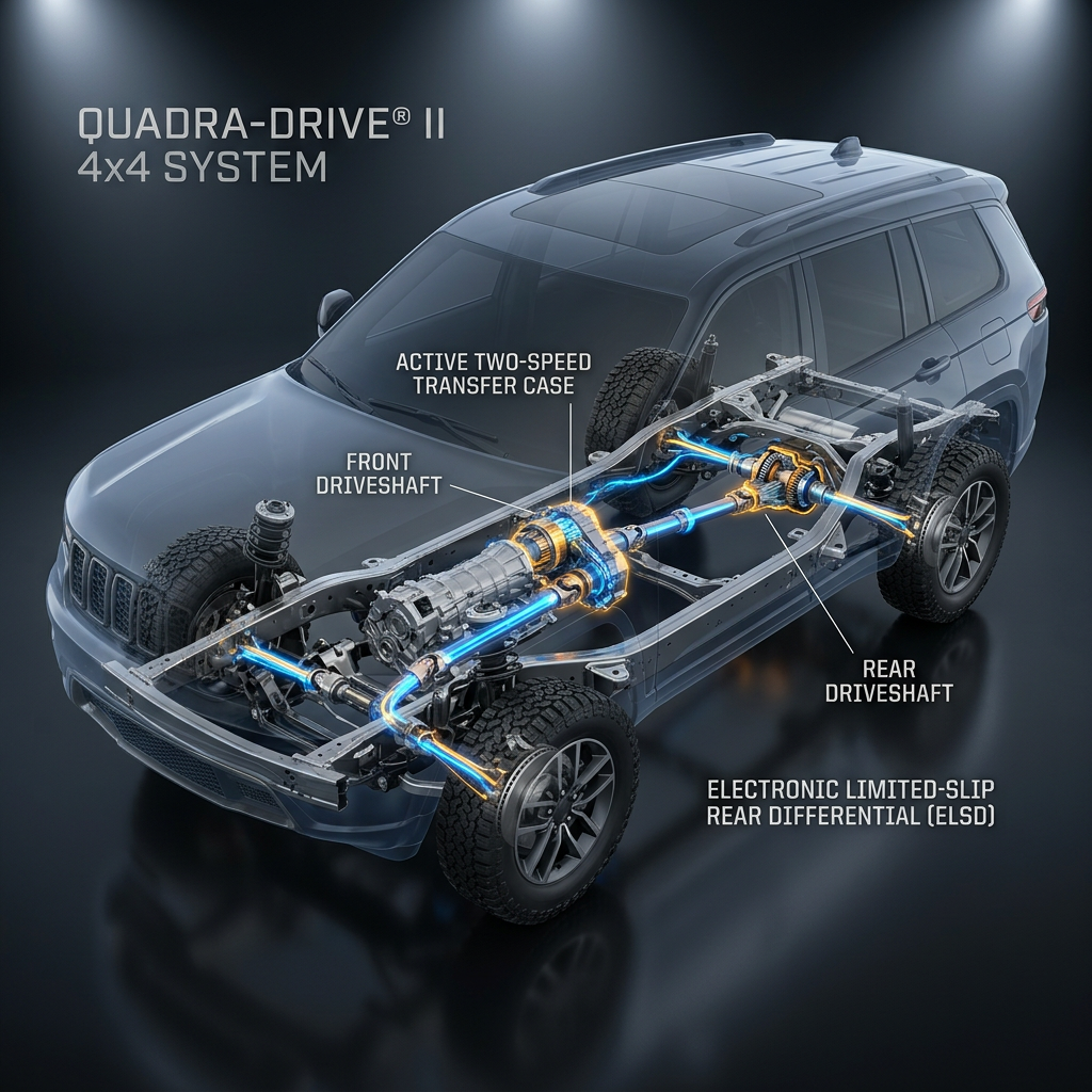 Technical cutaway diagram of an SUV chassis detailing the Quadra-Drive II 4x4 system with glowing powertrain components. (Representative image for illustration purposes only. Actual vehicle may vary based on trim and configuration.)