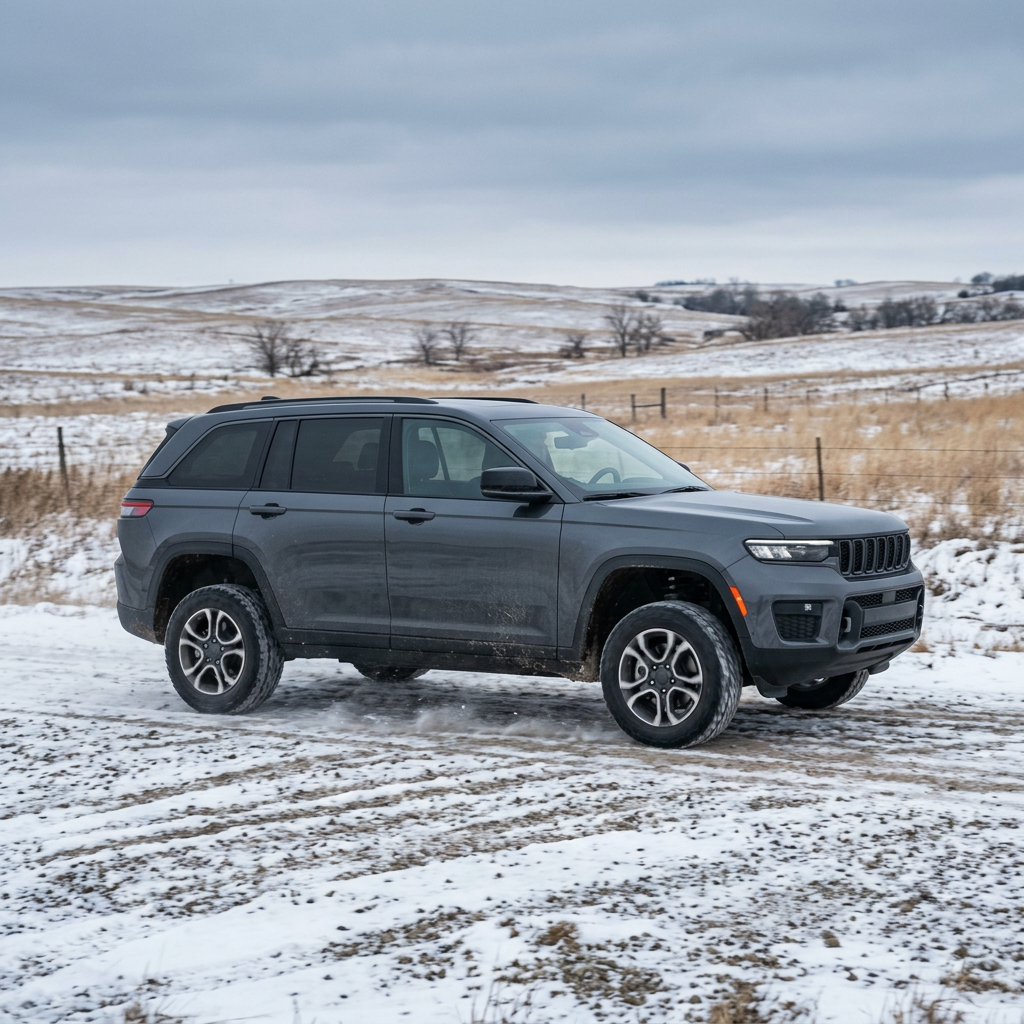 Dark gray Jeep Grand Cherokee driving along a snowy rural dirt road under an overcast sky. (Representative image for illustration purposes only. Actual vehicle may vary based on trim and configuration.)