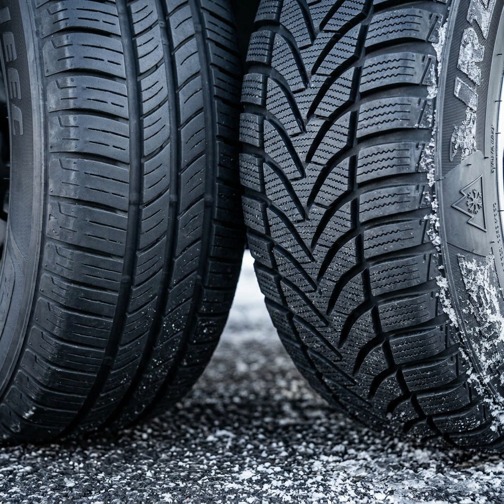 Close-up comparison of a smooth all-season tire tread next to a winter tire tread with deep V-grooves and snow. (Representative image for illustration purposes only. Actual vehicle may vary based on trim and configuration.)