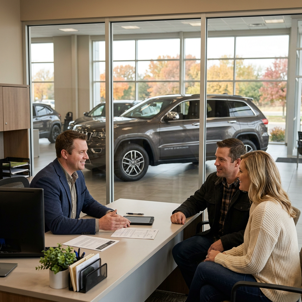Car salesman talking with a couple sitting at a desk inside a car dealership showroom with an SUV in the background. (Representative image for illustration purposes only. Actual vehicle may vary based on trim and configuration.)