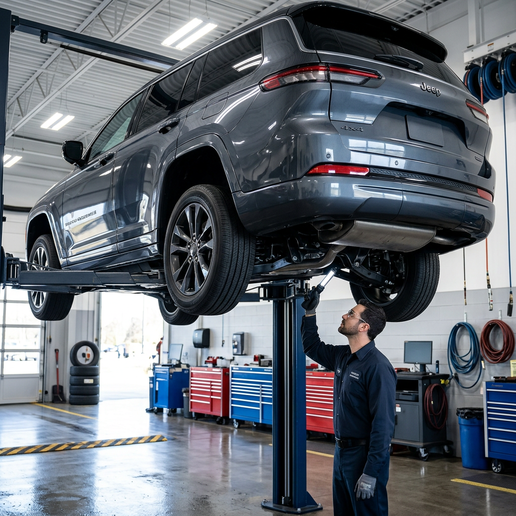 A mechanic using a flashlight to inspect the undercarriage of a gray Jeep SUV raised on a vehicle lift. (Representative image for illustration purposes only. Actual vehicle may vary based on trim and configuration.)