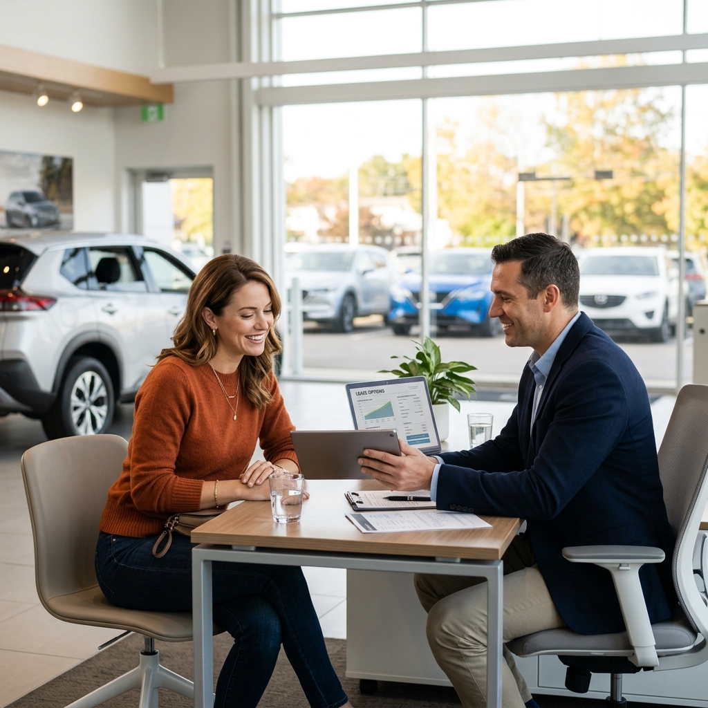 Woman reviewing vehicle lease options on a tablet with a car dealership salesperson. (Representative image for illustration purposes only. Actual vehicle may vary based on trim and configuration.)