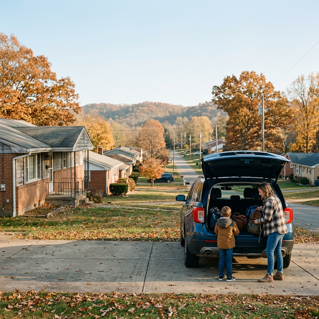 A woman and child packing backpacks into the open trunk of a blue SUV in a suburban neighborhood during autumn. (Representative image for illustration purposes only. Actual vehicle may vary based on trim and configuration.)