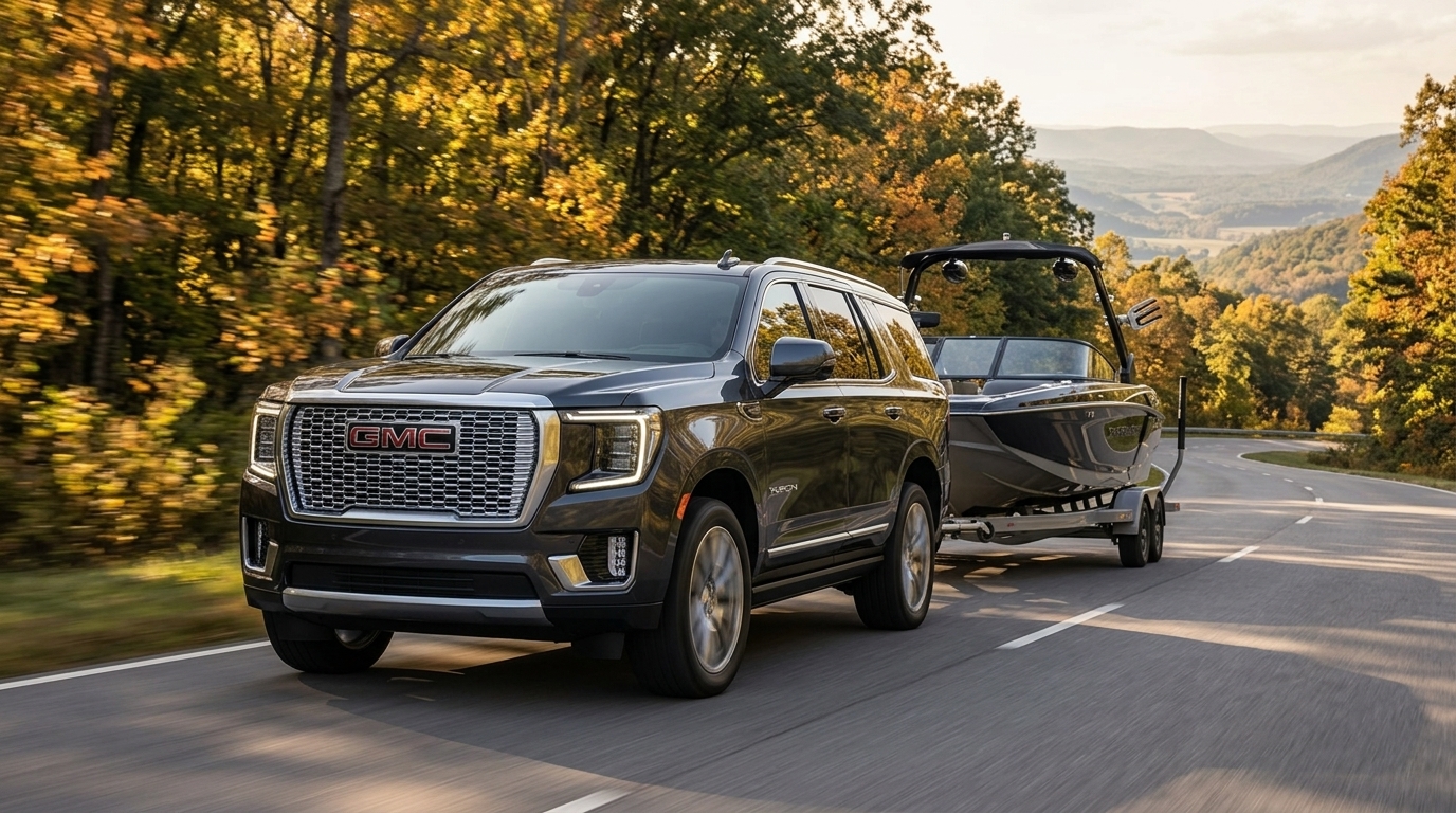 A dark grey GMC Yukon SUV towing a boat on a winding road framed by vibrant autumn trees and mountains. (Representative image for illustration purposes only. Actual vehicle may vary based on trim and configuration.)