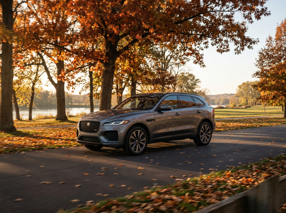 A grey Jaguar F-Pace SUV driving along an asphalt park road surrounded by trees with vibrant autumn foliage. (Representative image for illustration purposes only. Actual vehicle may vary based on trim and configuration.)