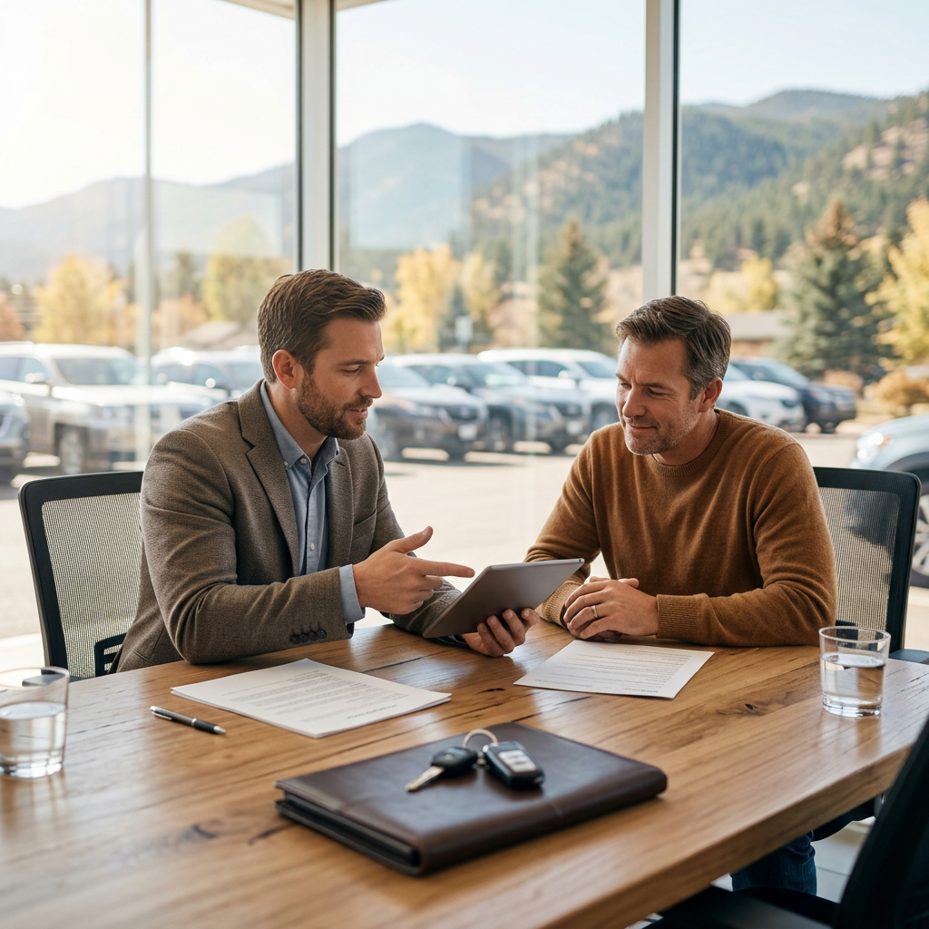 Car salesperson showing tablet details to a customer sitting across a desk in a showroom with mountain views. (Representative image for illustration purposes only. Actual vehicle may vary based on trim and configuration.)