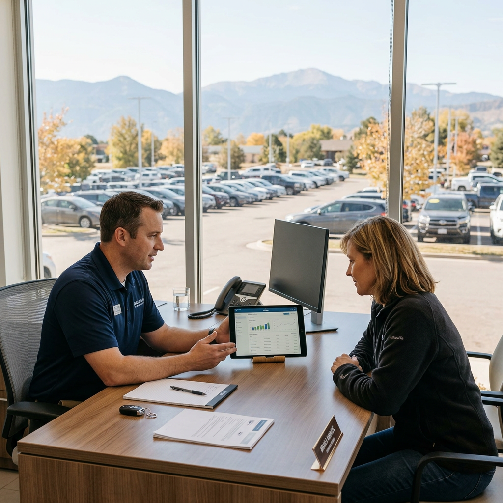 Car salesman showing tablet data to a woman customer at a desk in a dealership office with scenic views. (Representative image for illustration purposes only. Actual vehicle may vary based on trim and configuration.)