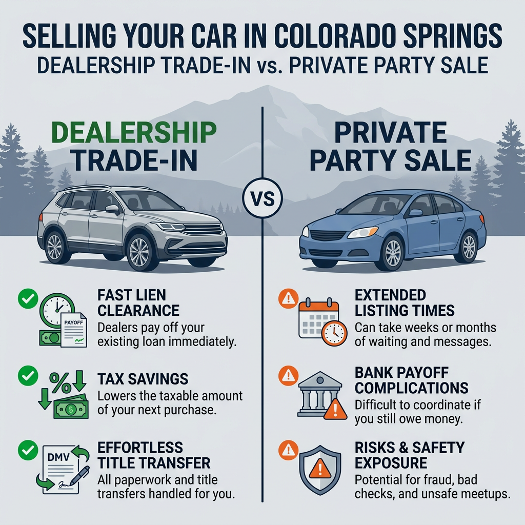 Infographic comparing dealership trade-in benefits versus private party car sale risks in Colorado Springs. (Representative image for illustration purposes only. Actual vehicle may vary based on trim and configuration.)
